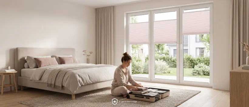 Femme pr&eacute;parant une valise dans une chambre lumineuse avec des stores pliss&eacute;s roses aux fen&ecirc;tres.