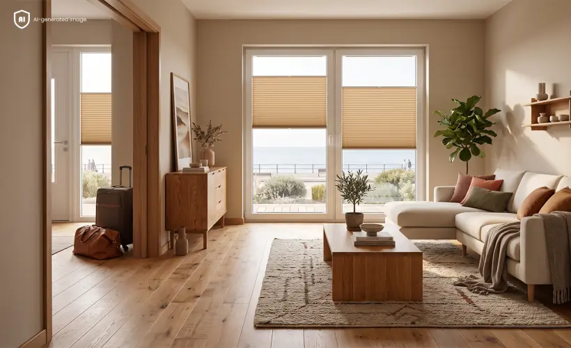 Salon avec vue ext&eacute;rieure, stores pliss&eacute;s beiges et valise.