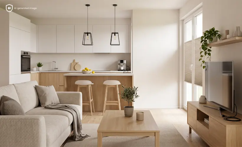 Salon lumineux ouvert sur la cuisine, avec des appareils électriques débranchés et des stores plissés beiges aux fenêtres.