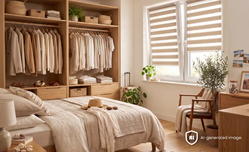 Des stores jour nuit beiges habillent deux fen&ecirc;tres dans une chambre avec un dressing ouvert.