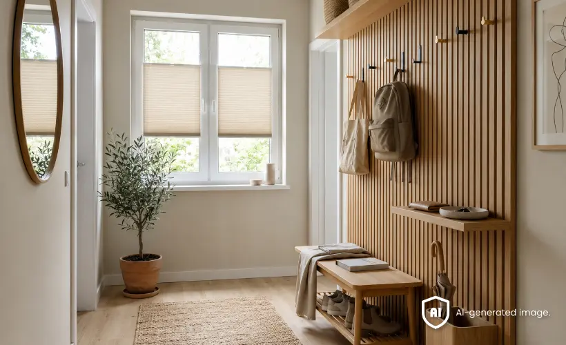 Des stores pliss&eacute;s beiges habillent la fen&ecirc;tre d&rsquo;une entr&eacute;e lumineuse avec un banc en bois et un mur &agrave; tasseaux.