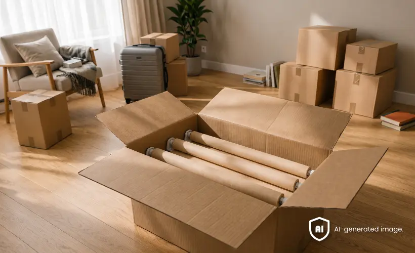 Des stores enroul&eacute;s sont plac&eacute;s dans un carton ouvert parmi des cartons de d&eacute;m&eacute;nagement.