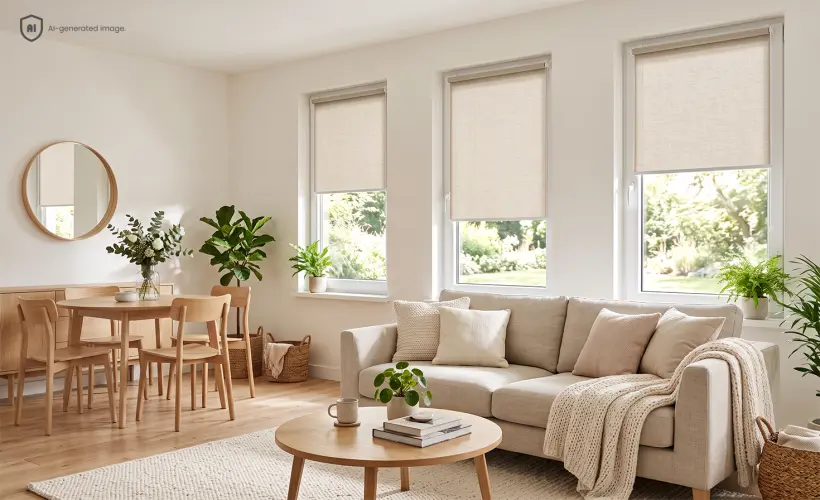 Salon scandinave ouvert sur la salle à manger, avec des stores enrouleurs en tissu beige sur trois fenêtres.
