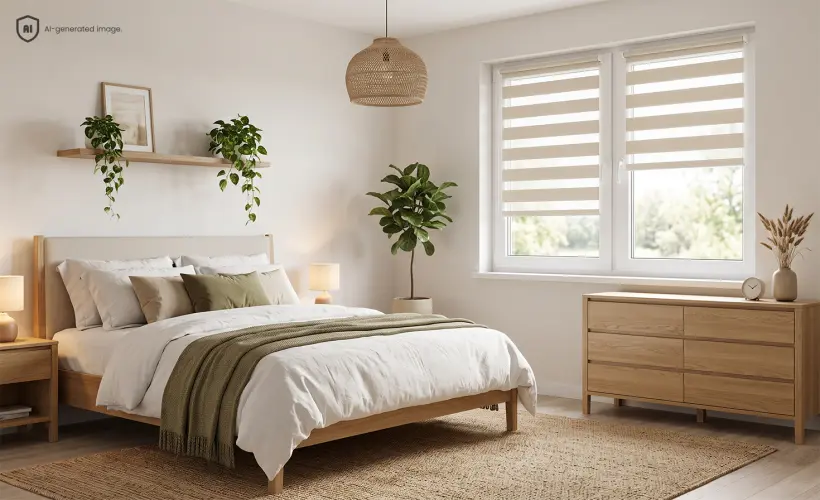 Chambre lumineuse avec des meubles en bois et des stores jour nuit beiges.