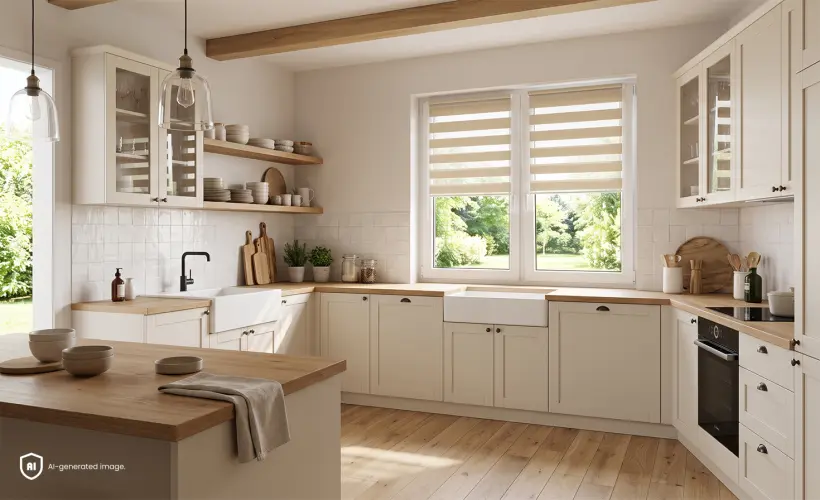 Cuisine lumineuse avec des plans de travail en bois et un store jour nuit à la fenêtre.