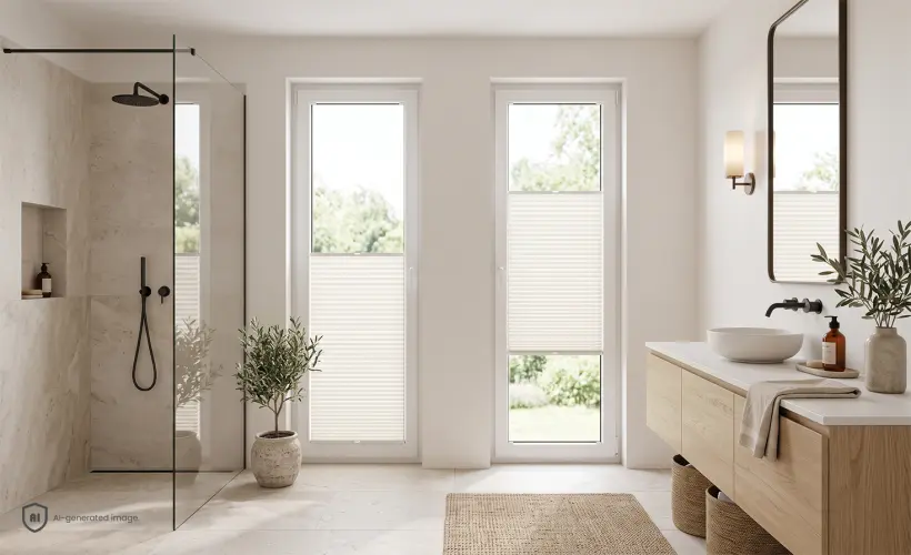 Salle de bains moderne avec un meuble en bois et des stores pliss&eacute;s clairs couvrant une partie des fen&ecirc;tres.