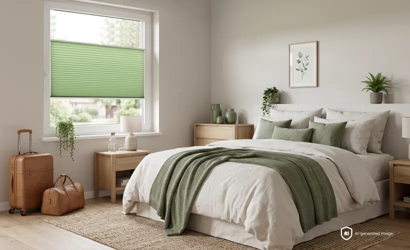 Chambre d’amis chaleureuse avec un grand lit, des touches de vert et un store plissé standard couleur pistache à la fenêtre