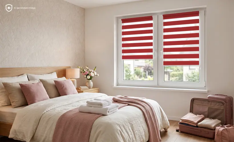 Petite chambre d&rsquo;amis chaleureuse avec un store jour nuit couleur mousse de framboise &agrave; la fen&ecirc;tre