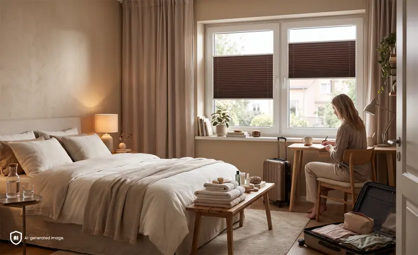 Une femme assise à un bureau dans une chambre d’amis aux tons bruns avec des stores plissés à la fenêtre