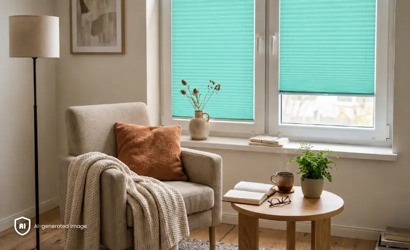 Petit coin lecture chaleureux près d’une fenêtre équipée de stores plissés turquoise