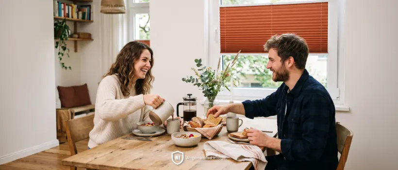 Un couple prend son petit-déjeuner à une table dans la cuisine, avec un store plissé orange à la fenêtre en arrière-plan