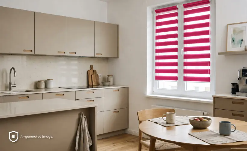 Grande cuisine beige avec des stores jour nuit couleur mousse de framboise aux fen&ecirc;tres