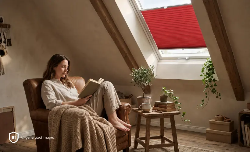 Une femme lit un livre dans un fauteuil sous les combles, avec un store plissé rouge sur la fenêtre de toit