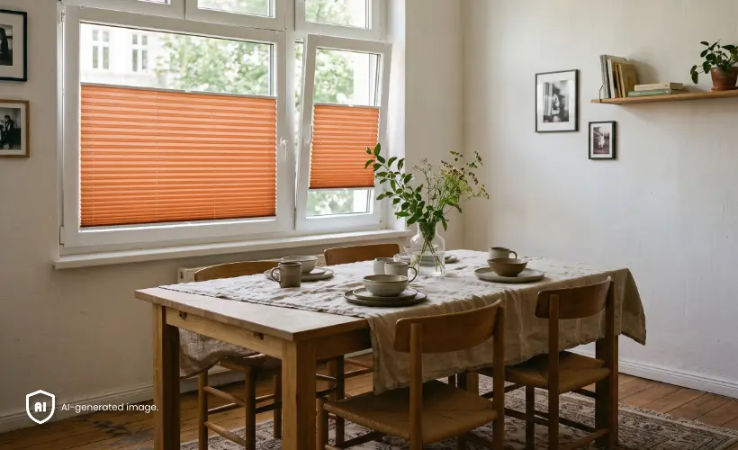 Grande salle à manger avec une table et des stores plissés standard orange aux fenêtres