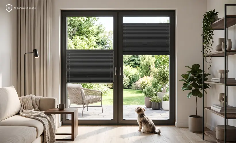 Chien assis pr&egrave;s d'une porte-fen&ecirc;tre sombre &eacute;quip&eacute;e de stores pliss&eacute;s noirs