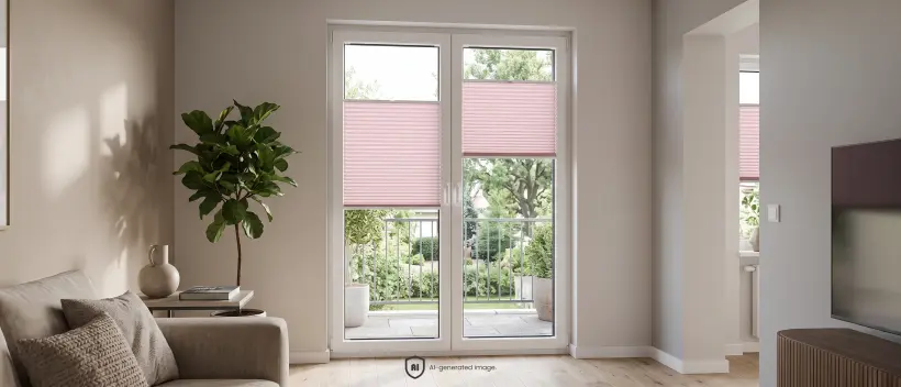 Grand salon clair et spacieux avec porte-fen&ecirc;tre et stores pliss&eacute;s standard rose poudr&eacute;