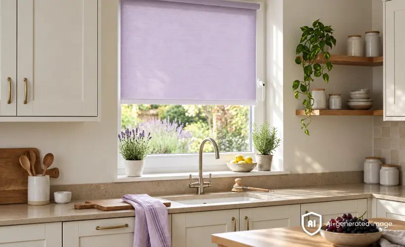 Petite cuisine blanche avec une fenêtre au-dessus de l’évier et un store enrouleur standard violet