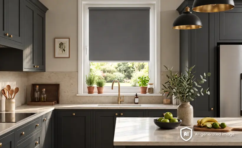 Cuisine sombre avec un store enrouleur standard anthracite &agrave; la fen&ecirc;tre