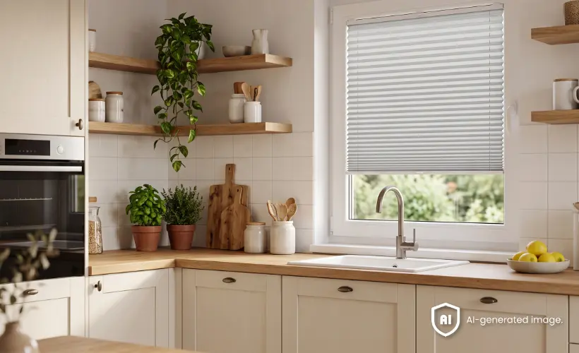 Petite cuisine beige et lumineuse avec un store pliss&eacute; standard gris &agrave; la fen&ecirc;tre