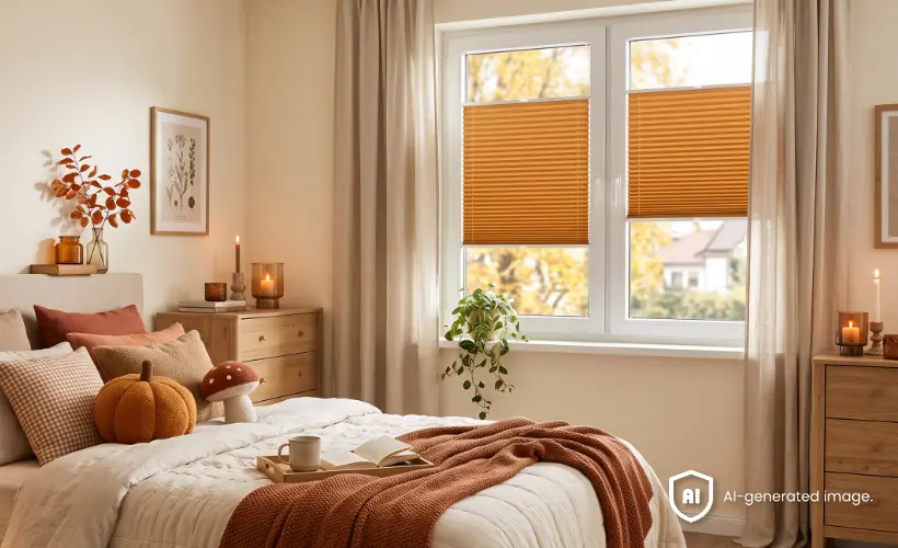 Chambre chaleureuse et cosy d&eacute;cor&eacute;e dans des tons orang&eacute;s d&rsquo;automne