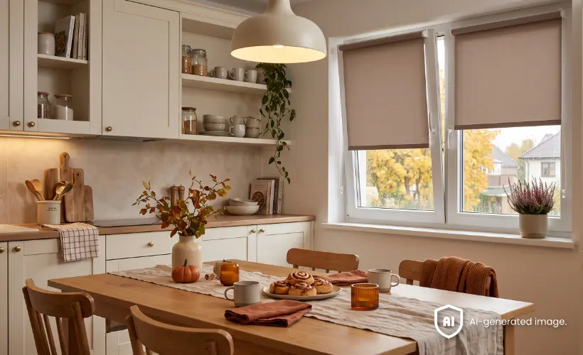 Cuisine chaleureuse d&eacute;cor&eacute;e dans une ambiance automnale avec des roul&eacute;s &agrave; la cannelle et du th&eacute; sur la table