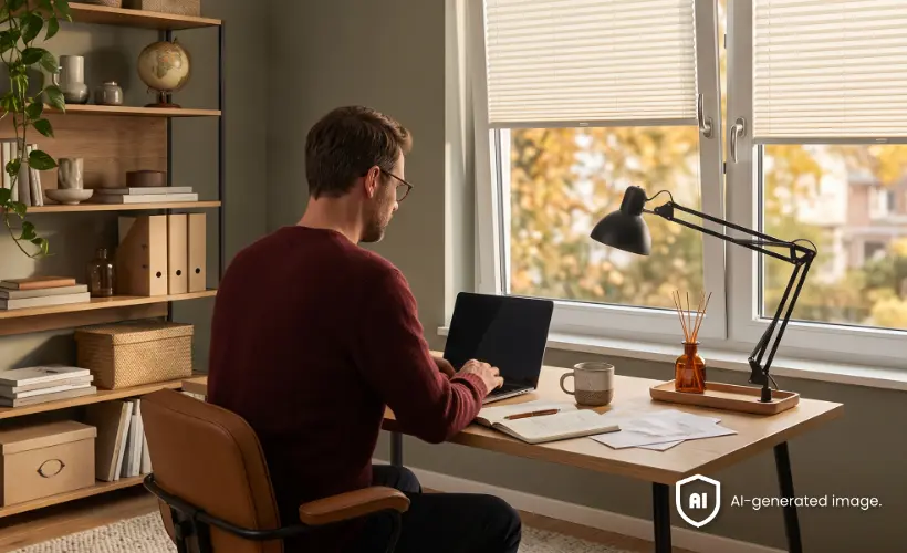 Homme travaillant sur un ordinateur dans un bureau &agrave; domicile