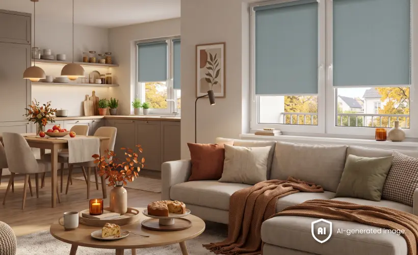 Salon avec cuisine chaleureux, d&eacute;cor&eacute; avec des &eacute;l&eacute;ments d&rsquo;inspiration automnale