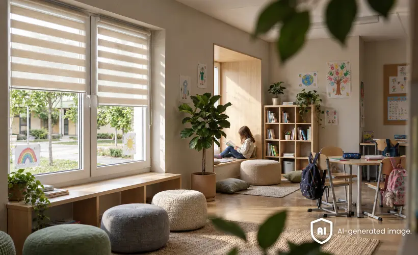Espace de d&eacute;tente dans un couloir d&rsquo;&eacute;cole avec des assises et des stores jour nuit clairs aux fen&ecirc;tres.