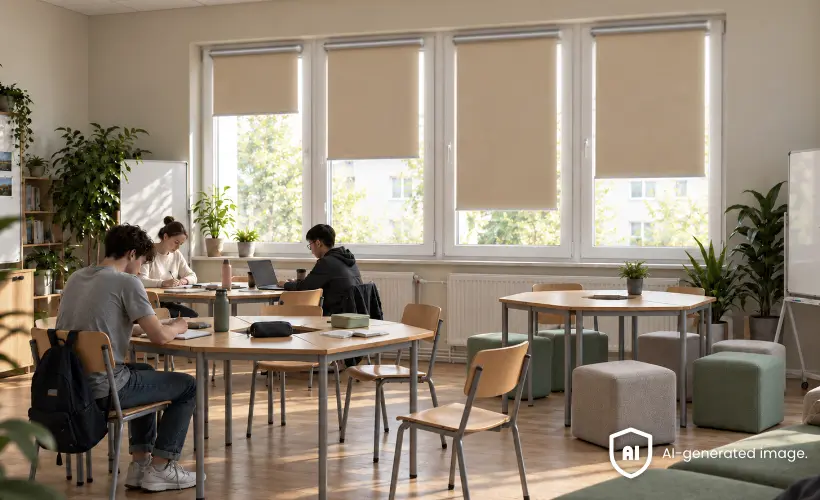 Salle de travail en groupe avec des tables, des chaises et des stores enrouleurs beiges sur de grandes fenêtres.