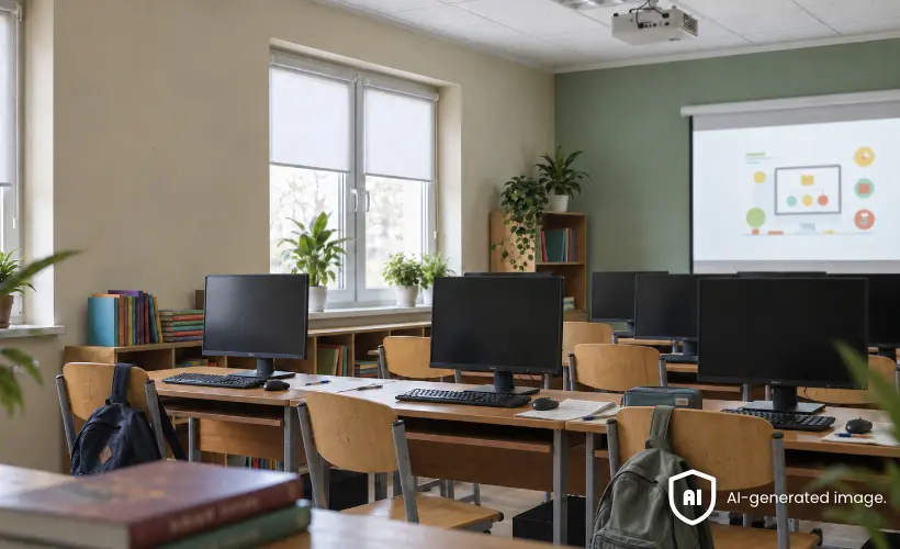 Salle informatique scolaire avec des &eacute;crans et des stores enrouleurs clairs aux fen&ecirc;tres.