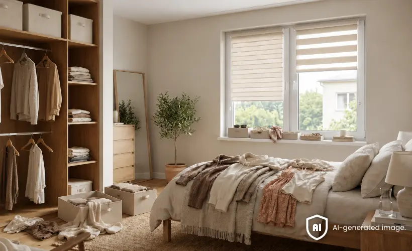 Chambre avec une armoire ouverte, un lit et des v&ecirc;tements pr&ecirc;ts &agrave; &ecirc;tre rang&eacute;s, ainsi qu&rsquo;un store enrouleur beige et un store jour nuit aux fen&ecirc;tres.