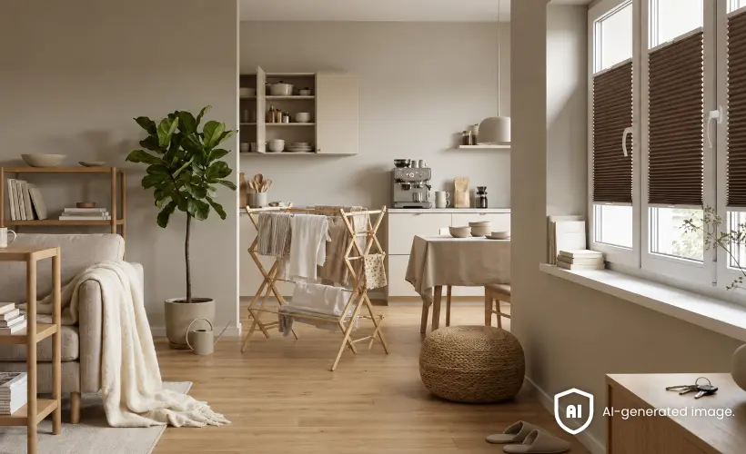 Salon lumineux ouvert sur une kitchenette, avec des stores pliss&eacute;s marron aux fen&ecirc;tres, des meubles en bois et un &eacute;tendoir charg&eacute; de linge plac&eacute; au milieu de la pi&egrave;ce.