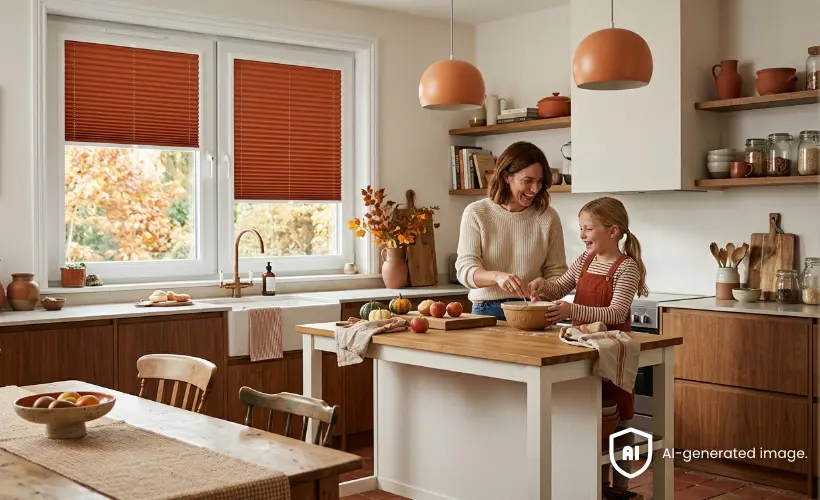 Une m&egrave;re et son enfant cuisinent dans une cuisine am&eacute;nag&eacute;e dans le style Mid-Century Modern Autumn