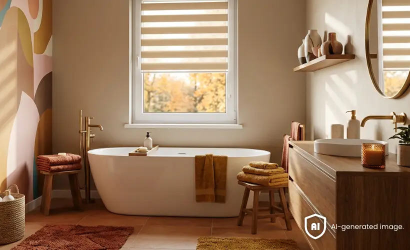 Salle de bains moderne et color&eacute;e de style Mid-Century Modern Autumn, avec un store jour nuit beige &agrave; la fen&ecirc;tre