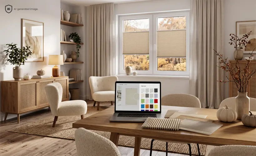 Stores pliss&eacute;s beiges sur une fen&ecirc;tre dans un salon lumineux, avec des couleurs de tissus affich&eacute;es sur un ordinateur portable et un &eacute;chantillon r&eacute;el pos&eacute; &agrave; c&ocirc;t&eacute; sur une table en bois.