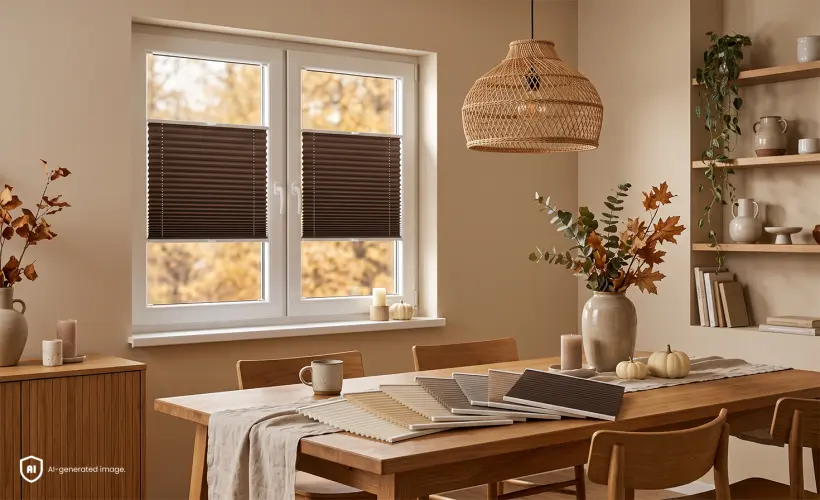 Stores pliss&eacute;s marron fonc&eacute; dans un espace repas avec une table en bois et des &eacute;chantillons de tissus &eacute;tal&eacute;s sur la table de cuisine.