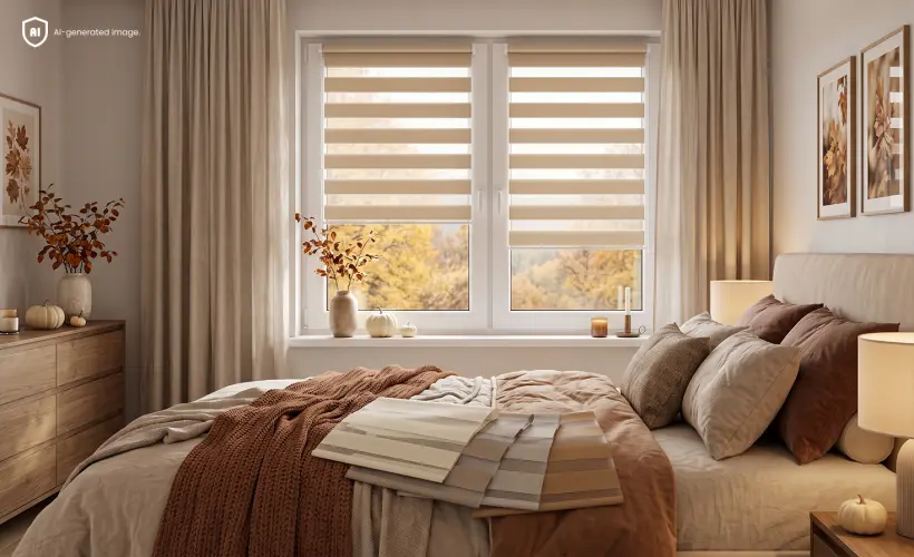 Stores jour nuit beiges sur une fen&ecirc;tre dans une chambre chaleureuse avec des d&eacute;corations automnales.