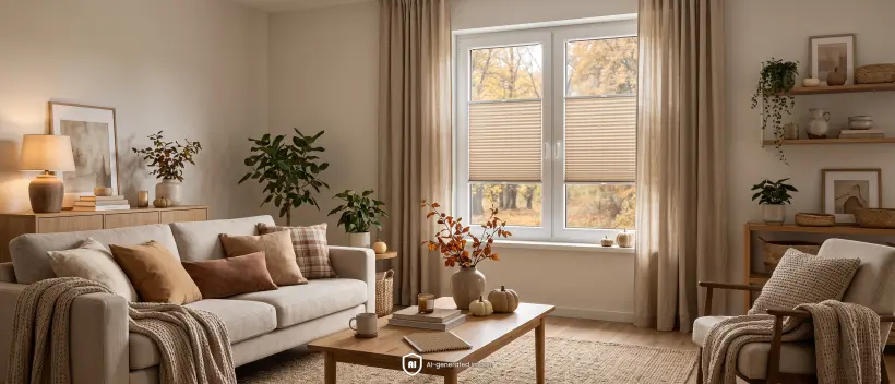 Stores pliss&eacute;s beiges couvrant la partie centrale d&rsquo;une fen&ecirc;tre dans un salon d&eacute;cor&eacute; dans des tons naturels.