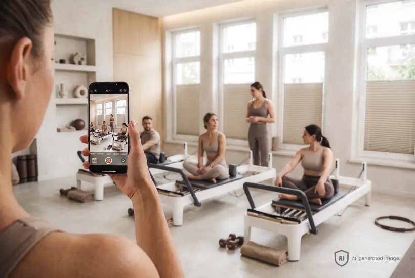 Instructor filming a Pilates workout on reformer machines