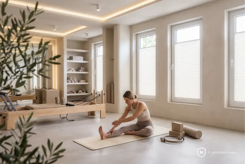 Femme s'&eacute;tirant sur un tapis apr&egrave;s une s&eacute;ance de Pilates