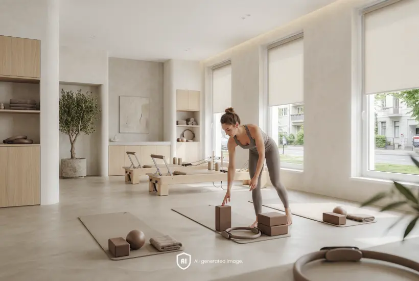 Professeure de Pilates préparant la salle avant un cours