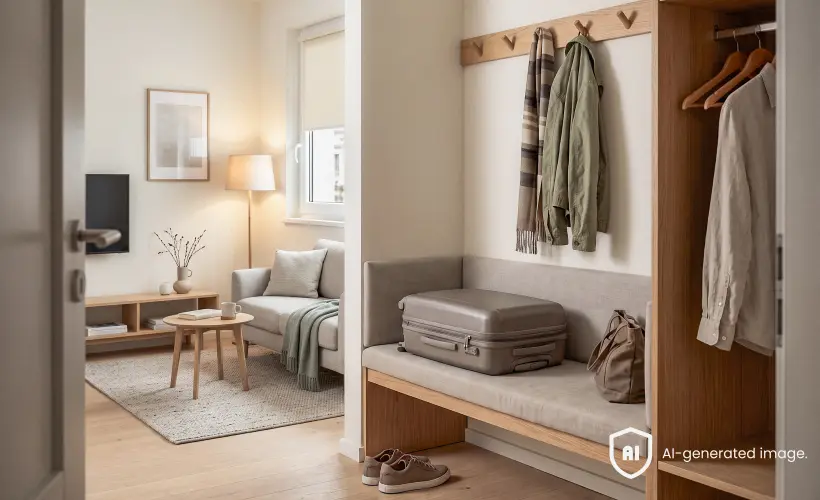 Entr&eacute;e lumineuse avec un vestiaire en bois, une banquette rembourr&eacute;e et une vue sur le salon dot&eacute; d'un canap&eacute; gris.