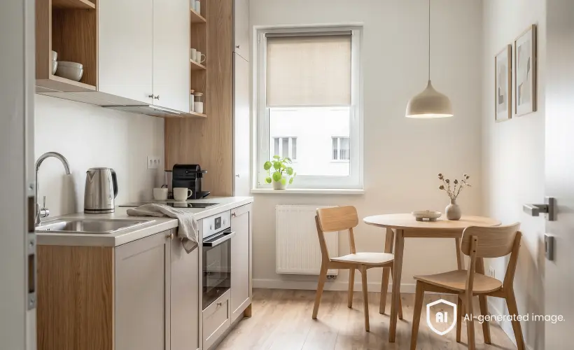 Store enrouleur en tissu beige sur la fen&ecirc;tre d'une petite cuisine avec des meubles en bois et une table ronde.