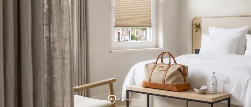 Store pliss&eacute; beige sur la fen&ecirc;tre d'une chambre d'h&ocirc;tel avec un lit blanc et un sac de voyage pos&eacute; sur une petite table.