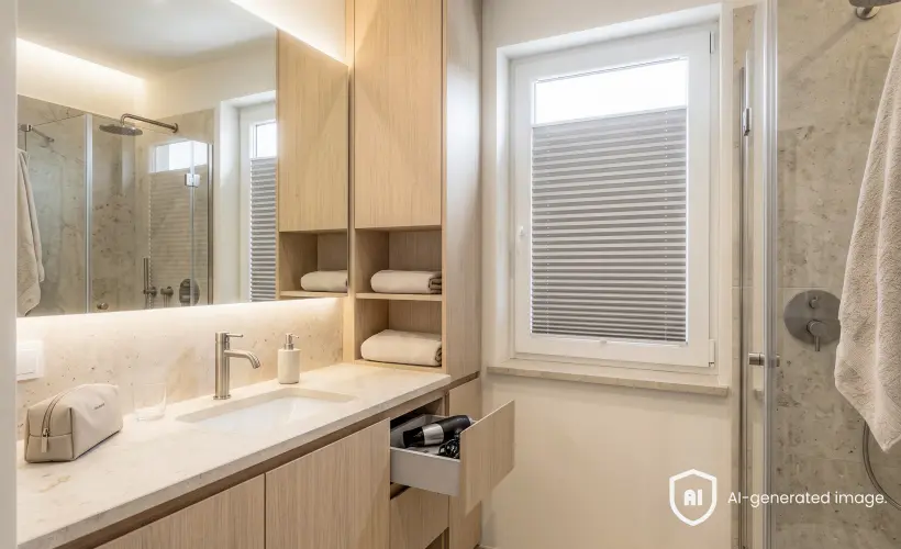 Store pliss&eacute; gris dans une salle de bains lumineuse avec des meubles en bois, un lavabo et une douche vitr&eacute;e.