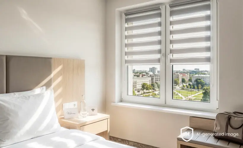 Stores jour nuit gris sur une fen&ecirc;tre &agrave; deux battants dans une chambre lumineuse avec des meubles en bois.