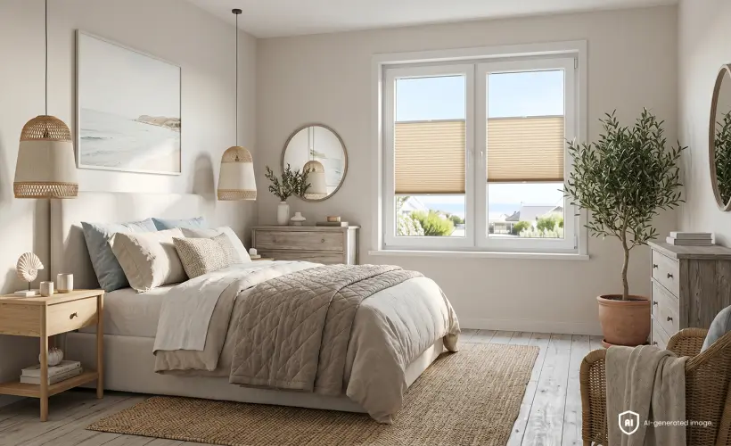 Une chambre chaleureuse et beige dans un style bord de mer, avec des stores plissés standard beiges à la fenêtre.
