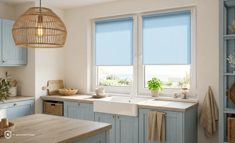 Une petite cuisine bleue dans un style bord de mer, avec un store standard bleu &agrave; la fen&ecirc;tre.