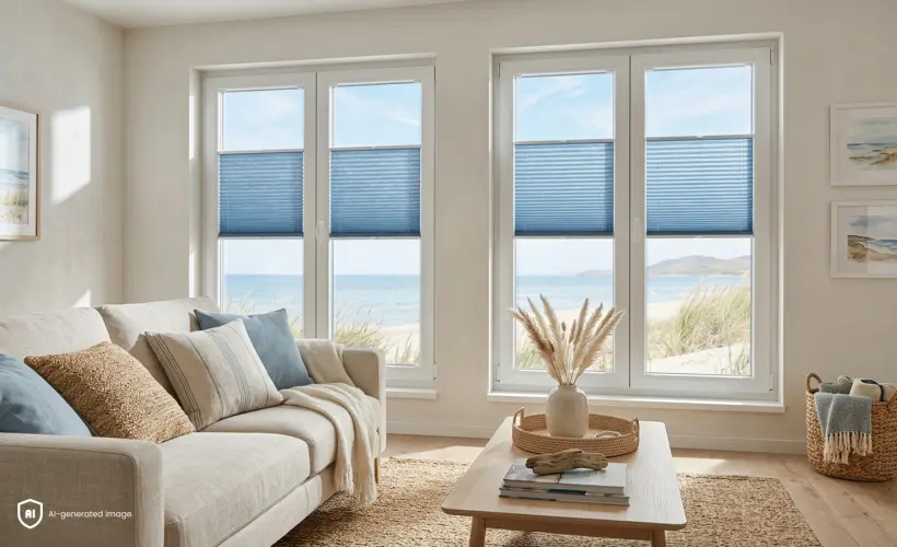 Un petit salon dans un style coastal, avec des stores plissés standard de couleur bleue aux fenêtres.