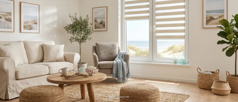Un salon lumineux et chaleureux dans un style bord de mer, avec des stores jour et nuit beiges &agrave; la fen&ecirc;tre.